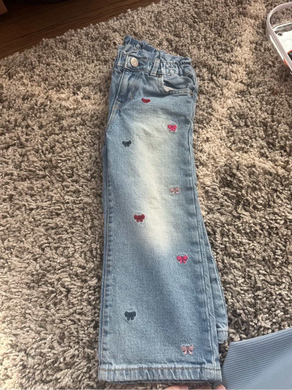 Light Wash Kids Denim Pants with Embroidered Bows